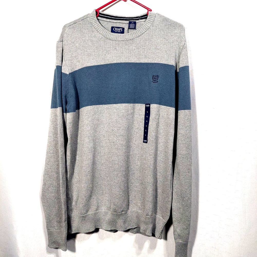 Chaps Mens Pullover Knit Sweater Size L  Gray Blue  Long Sleeve Crew Neck Cotton